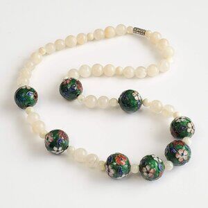 Vintage Chinese Cloisonne & Agate Stone Bead Necklace